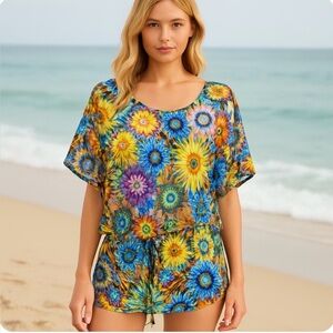 Luli Fami Cabana Mini Dress Swimsuit Coverup size Small flower power print